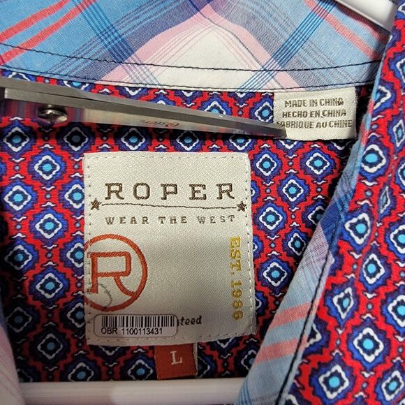Roper‎ Wear The West Men's Western Shirt Size Large Pearl Snap Blue Red Cowboy - Picture 2 of 6